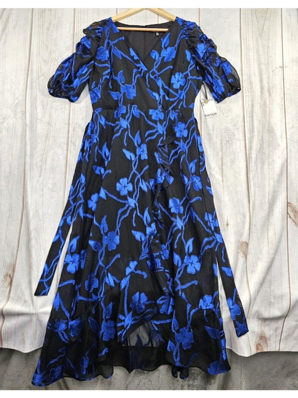 Kensie Black Royal Blue Floral Long Wrap Dress 12 Cocktail Wedding Guest Formal